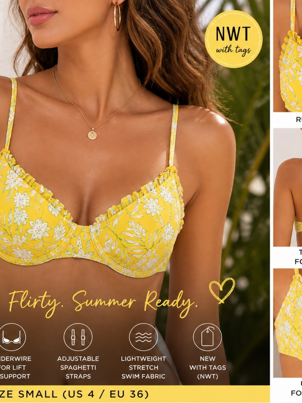 Zaful Yellow Floral Underwire Bikini Top NWT Size Small Adjustable Straps Swim